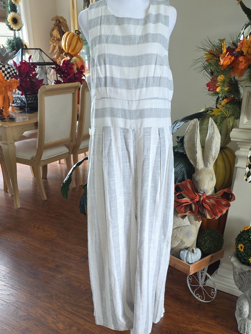 Sleeveless White & Light Gray Striped Jumpsuit